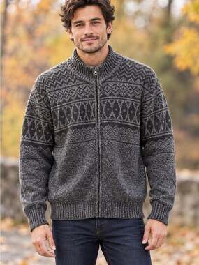 Warehouse One Zip Up Sweater XXL Grey Nordic Pattern Knit Cardigan Mens Winter